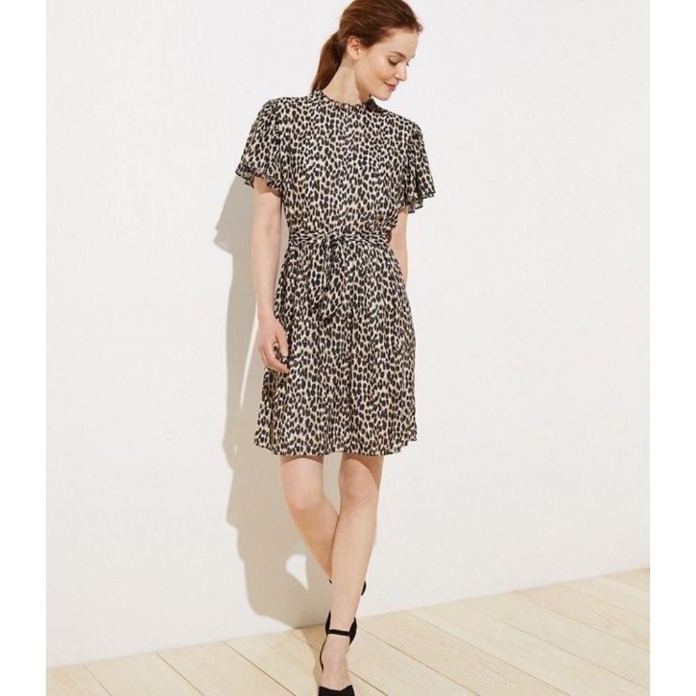 LOFT LEOPARD PRINT TIE WAIST FLUTTER DRESS